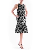 Julia Jordan Floral Metallic Jacquard Scoop Neck Sleeveless Ruffle Hem Midi Sheath Dress