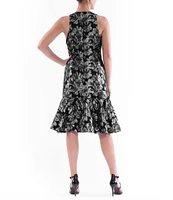 Julia Jordan Floral Metallic Jacquard Scoop Neck Sleeveless Ruffle Hem Midi Sheath Dress