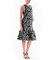 Julia Jordan Floral Metallic Jacquard Scoop Neck Sleeveless Ruffle Hem Midi Sheath Dress