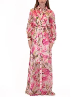 Julia Jordan Floral Print Chiffon Point Collar Neck Belted Button Front Maxi Shirt Dress