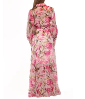 Julia Jordan Floral Print Chiffon Point Collar Neck Belted Button Front Maxi Shirt Dress