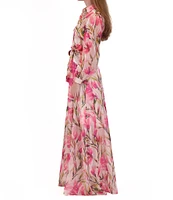 Julia Jordan Floral Print Chiffon Point Collar Neck Belted Button Front Maxi Shirt Dress