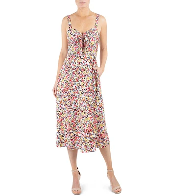 Julia Jordan Floral Print Sweetheart Tie Neck Sleeveless Midi Dress