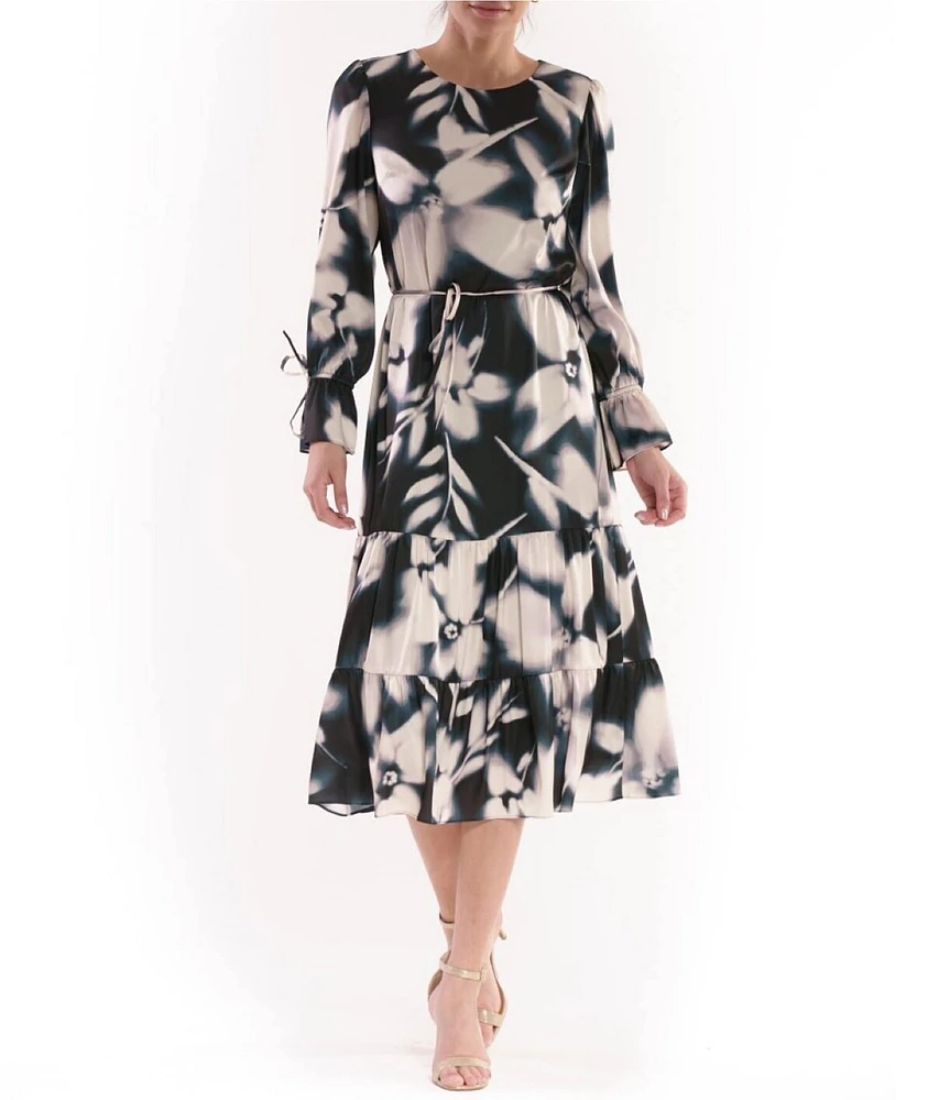 Julia Jordan Floral Satin Scoop Neck Long Sleeve Tie Cuff Tiered Midi Dress