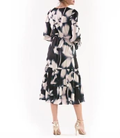 Julia Jordan Floral Satin Scoop Neck Long Sleeve Tie Cuff Tiered Midi Dress