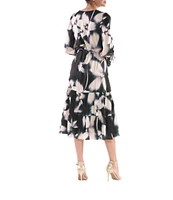 Julia Jordan Floral Satin Scoop Neck Long Sleeve Tie Cuff Tiered Midi Dress