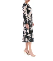 Julia Jordan Floral Satin Scoop Neck Long Sleeve Tie Cuff Tiered Midi Dress