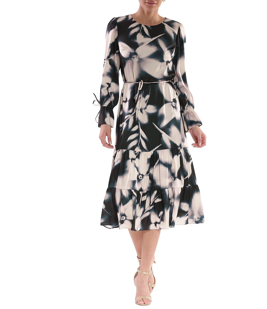 Julia Jordan Floral Satin Scoop Neck Long Sleeve Tie Cuff Tiered Midi Dress