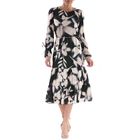 Julia Jordan Floral Satin Scoop Neck Long Sleeve Tie Cuff Tiered Midi Dress
