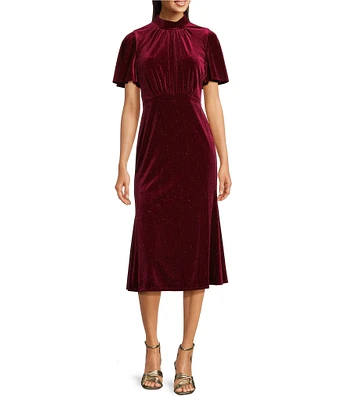 Julia Jordan Glitter Velvet Mock Neck Short Flutter Sleeves Pleated Front Midi Sheath Dress