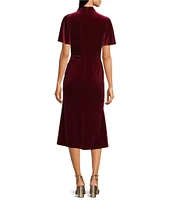 Julia Jordan Glitter Velvet Mock Neck Short Flutter Sleeves Pleated Front Midi Sheath Dress