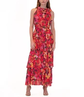 Julia Jordan Halter Neck Floral Print Chiffon Tiered Maxi Dress