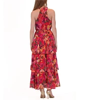 Julia Jordan Halter Neck Floral Print Chiffon Tiered Maxi Dress