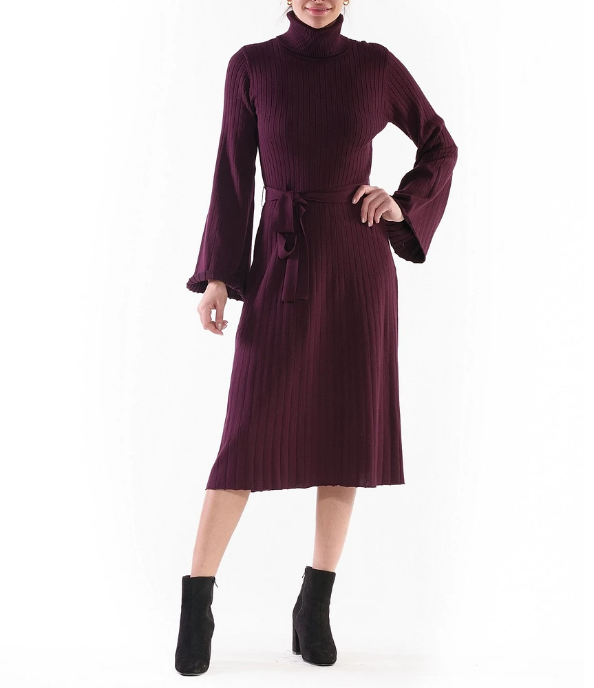 Julia Jordan Knit Turtleneck Long Bell Sleeve Belted A-Line Sweater Dress