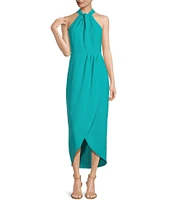 Julia Jordan Knot Halter Neck Sleeveless Faux Wrap Tulip Hem Midi Dress