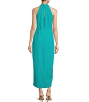 Julia Jordan Knot Halter Neck Sleeveless Faux Wrap Tulip Hem Midi Dress