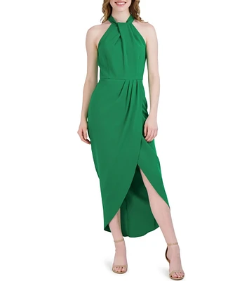 Julia Jordan Knot Halter Neck Sleeveless Faux Wrap Tulip Hem Midi Dress