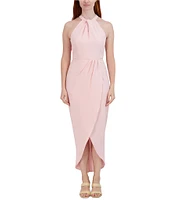 Julia Jordan Knot Halter Neck Sleeveless Faux Wrap Tulip Hem Midi Dress