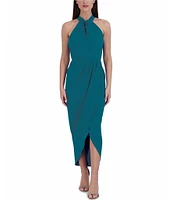 Julia Jordan Knot Halter Neck Sleeveless Faux Wrap Tulip Hem Midi Dress