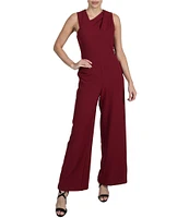 Julia Jordan Kors Crepe Asymmetrical Neck Sleeveless Pleated Shoulder Wide Leg Jumpsuit