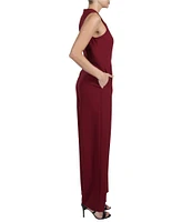 Julia Jordan Kors Crepe Asymmetrical Neck Sleeveless Pleated Shoulder Wide Leg Jumpsuit