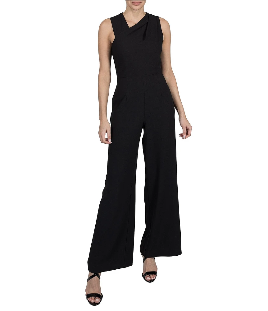 Julia Jordan Kors Crepe Asymmetrical Neck Sleeveless Pleated Shoulder Wide Leg Jumpsuit