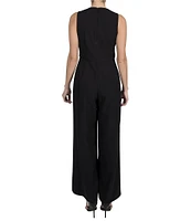 Julia Jordan Kors Crepe Asymmetrical Neck Sleeveless Pleated Shoulder Wide Leg Jumpsuit