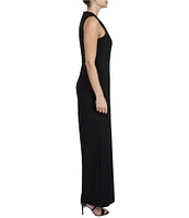 Julia Jordan Kors Crepe Asymmetrical Neck Sleeveless Pleated Shoulder Wide Leg Jumpsuit