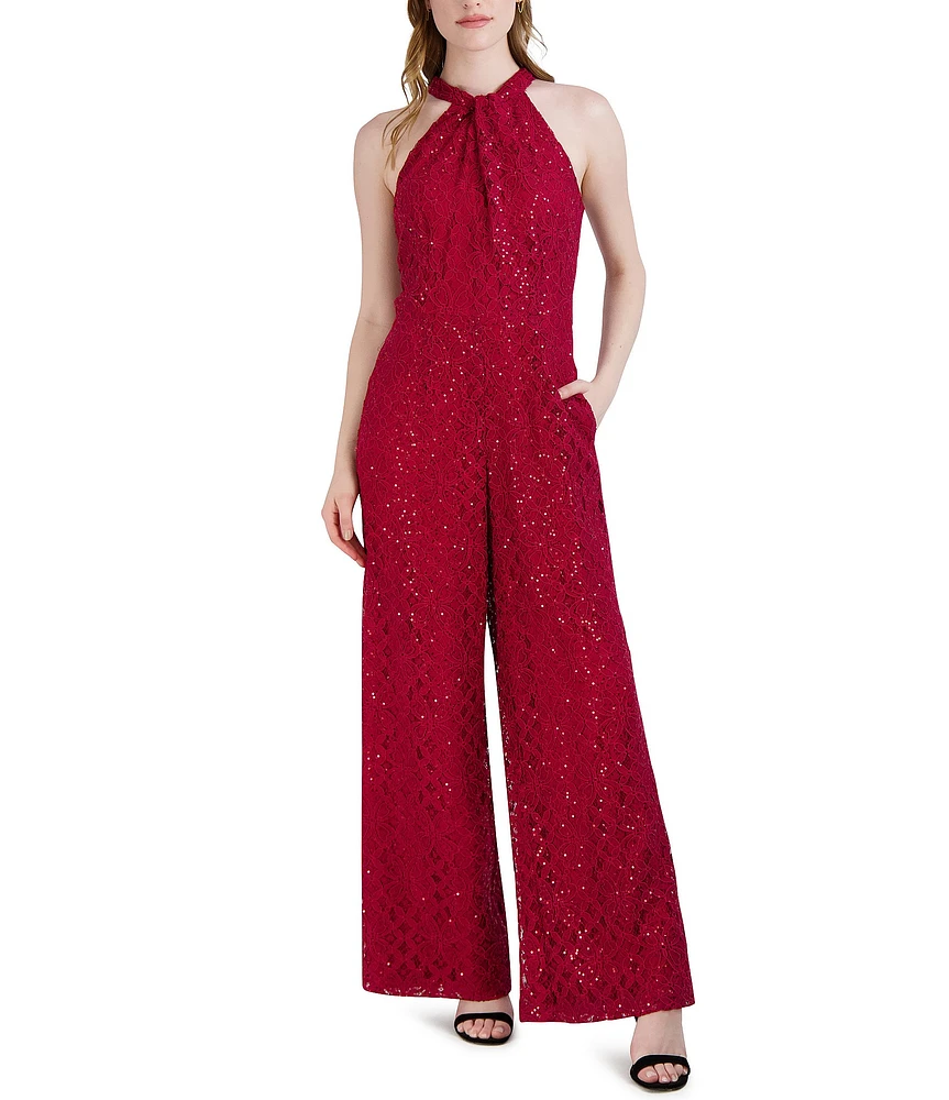 Julia Jordan Lace Sequin Halter Neck Sleeveless Jumpsuit