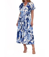 Julia Jordan Linen Blend Floral Print V Neck Short Sleeve Tiered A-Line Midi Dress