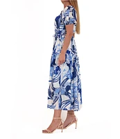 Julia Jordan Linen Blend Floral Print V Neck Short Sleeve Tiered A-Line Midi Dress