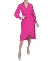 Julia Jordan Matte Crepe Surplice Lapel Neck Long Sleeve Tie Side Dress