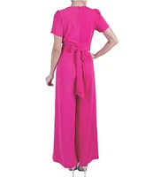 Julia Jordan Matte Crepe V-Neck Short Sleeve Wide Leg Pleated Jumpsuit