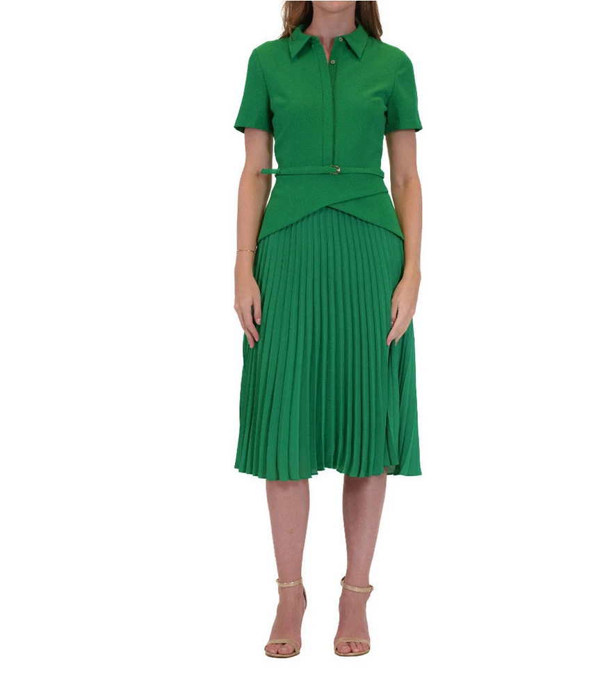 Julia Jordan Mix Media Point Collar Neck Short Sleeve Pleated Belted A-Line Midi Dress