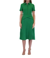 Julia Jordan Mix Media Point Collar Neck Short Sleeve Pleated Belted A-Line Midi Dress