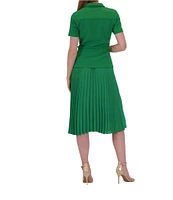 Julia Jordan Mix Media Point Collar Neck Short Sleeve Pleated Belted A-Line Midi Dress