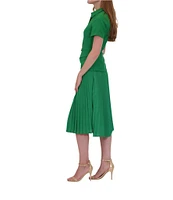 Julia Jordan Mix Media Point Collar Neck Short Sleeve Pleated Belted A-Line Midi Dress