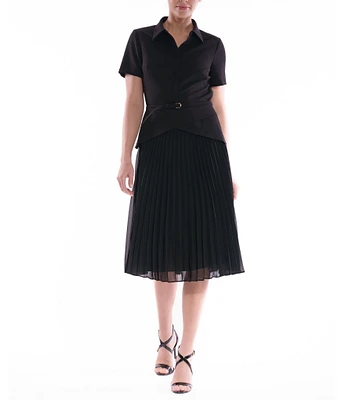 Julia Jordan Mix Media Point Collar Short Sleeve Pleated A-Line Midi Dress