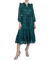 Julia Jordan Mock Neck Metallic Dot Print Burnout Chiffon Midi Dress