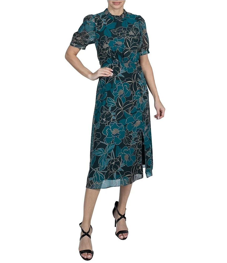 Julia Jordan Collar Neck Puff Sleeve Floral Print Midi Dress