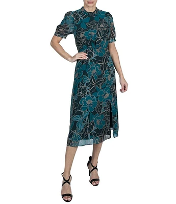 Julia Jordan Collar Neck Puff Sleeve Floral Print Midi Dress