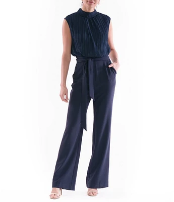 Julia Jordan Pleated Chiffon Crepe Mock Neckline Sleeveless Tie Waist Straight Leg Jumpsuit