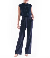 Julia Jordan Pleated Chiffon Crepe Mock Neckline Sleeveless Tie Waist Straight Leg Jumpsuit