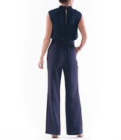 Julia Jordan Pleated Chiffon Crepe Mock Neckline Sleeveless Tie Waist Straight Leg Jumpsuit