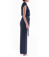 Julia Jordan Pleated Chiffon Crepe Mock Neckline Sleeveless Tie Waist Straight Leg Jumpsuit