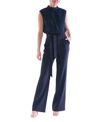 Julia Jordan Pleated Chiffon Crepe Mock Neckline Sleeveless Tie Waist Straight Leg Jumpsuit