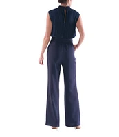 Julia Jordan Pleated Chiffon Crepe Mock Neckline Sleeveless Tie Waist Straight Leg Jumpsuit