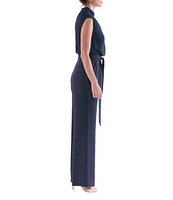 Julia Jordan Pleated Chiffon Crepe Mock Neckline Sleeveless Tie Waist Straight Leg Jumpsuit