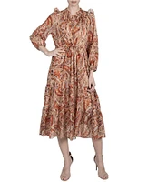 Julia Jordan Printed Chiffon Mock Neck Long Puff Shoulder Sleeve Midi Dress