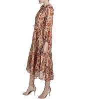 Julia Jordan Printed Chiffon Mock Neck Long Puff Shoulder Sleeve Midi Dress